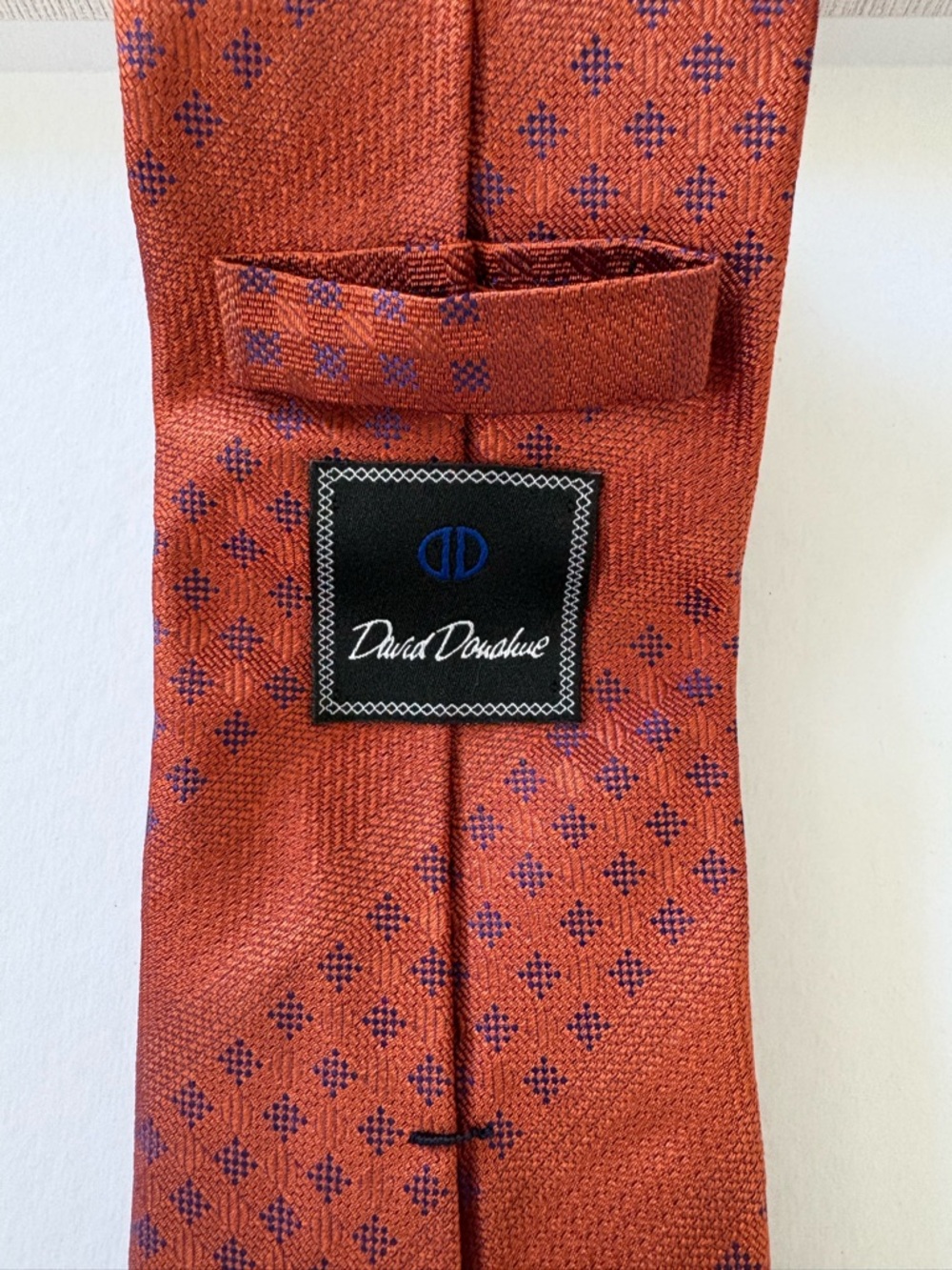 David Donahue Terra Cotta Silk Tie with Purple/ Navy Micro-Dot Pattern - Picture 2 of 6